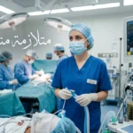 غرفة عمليات حديثة مع جهاز تخدير وطبيبة تخدير تراقب المريض وعبارة متلازمة مندلسون بالعربية
