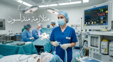 غرفة عمليات حديثة مع جهاز تخدير وطبيبة تخدير تراقب المريض وعبارة متلازمة مندلسون بالعربية