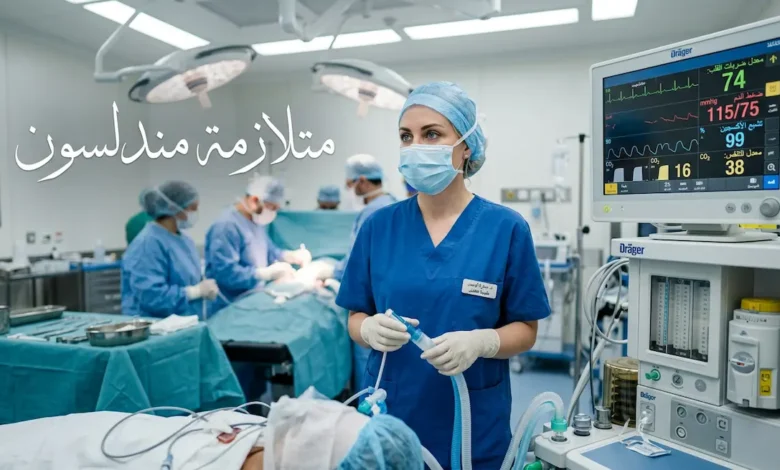 غرفة عمليات حديثة مع جهاز تخدير وطبيبة تخدير تراقب المريض وعبارة متلازمة مندلسون بالعربية