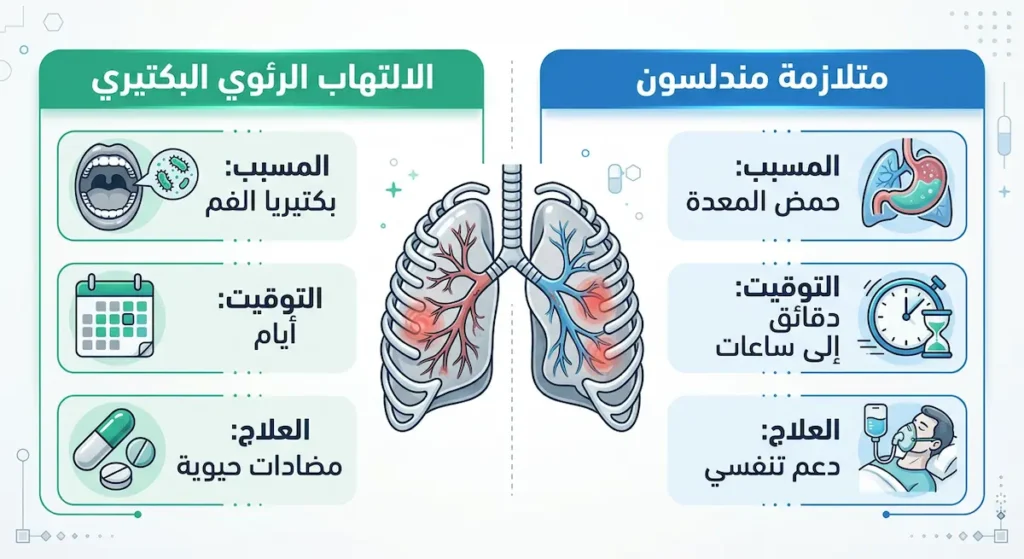  إنفوجرافيك مقارنة بين متلازمة مندلسون والالتهاب الرئوي الشفطي البكتيري من حيث المسبب والتوقيت والعلاج