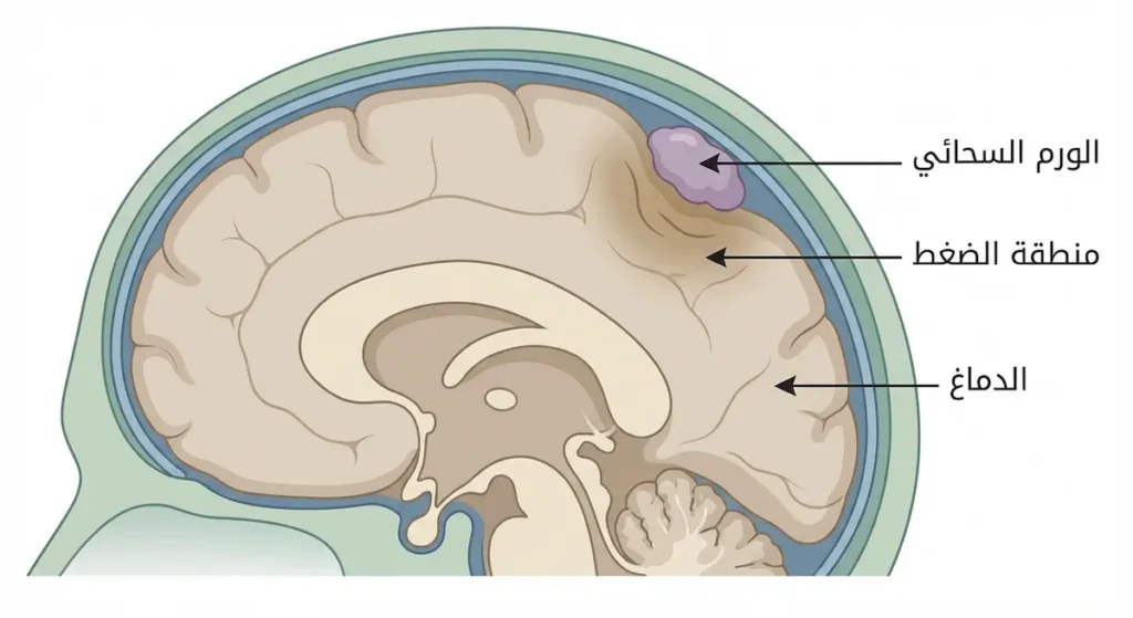 مقطع جانبي للدماغ يُظهر ورماً سحائياً يضغط على النسيج الدماغي المجاور