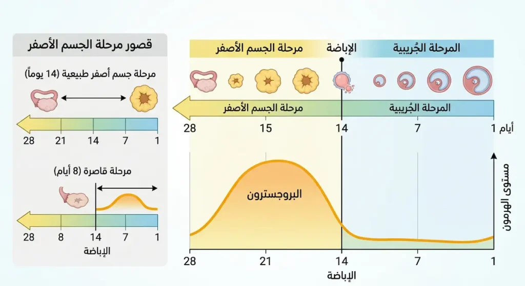 رسم توضيحي يوضح مراحل الدورة الشهرية مع التركيز على مرحلة الجسم الأصفر ومستوى البروجسترون والفرق بين المرحلة الطبيعية والقاصرة