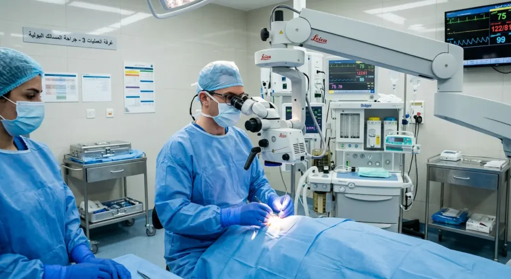 جراح ينظر عبر المجهر الجراحي أثناء إجراء عملية دوالي الخصية الميكروسكوبية في غرفة عمليات حديثة