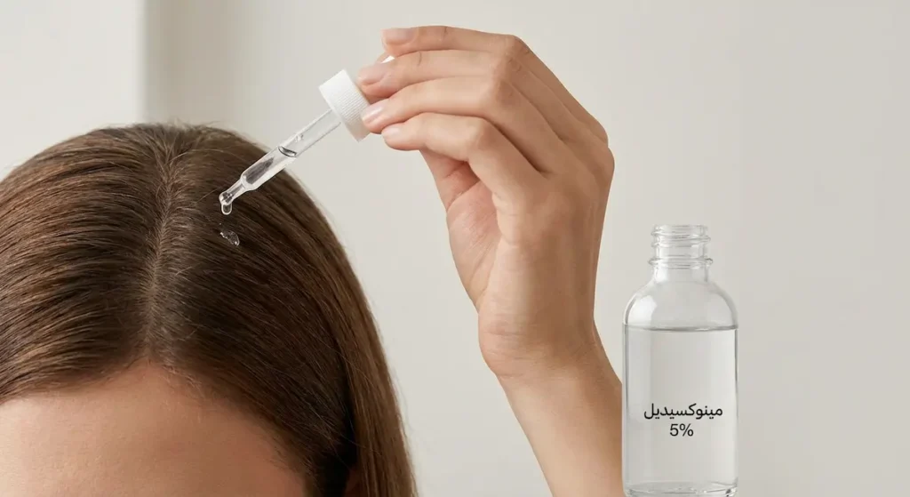  امرأة تطبق محلول المينوكسيديل على فروة رأسها باستخدام قطارة