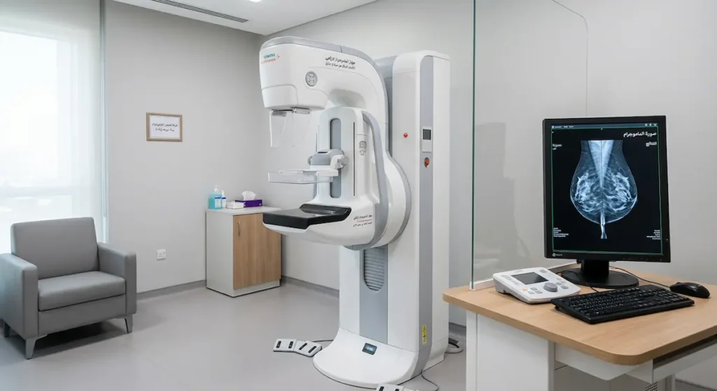 جهاز ماموجرام حديث في غرفة فحص طبية نظيفة