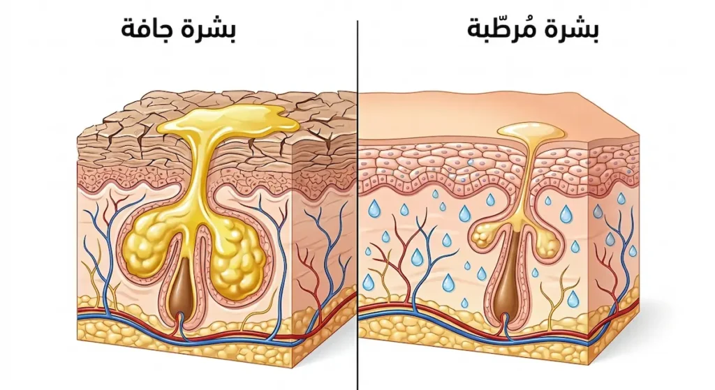  رسم توضيحي يقارن بين بشرة دهنية مُرطّبة بشكل صحيح وبشرة دهنية جافة تُفرز زهماً زائداً
