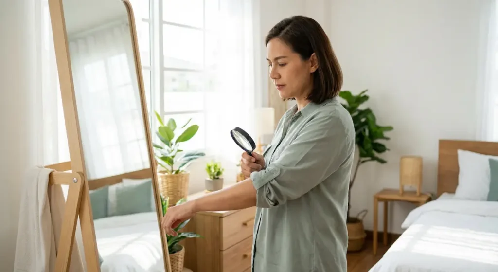 شخص يُجري فحصاً ذاتياً لجلده أمام المرآة للكشف المبكر عن أي تغيرات جلدية