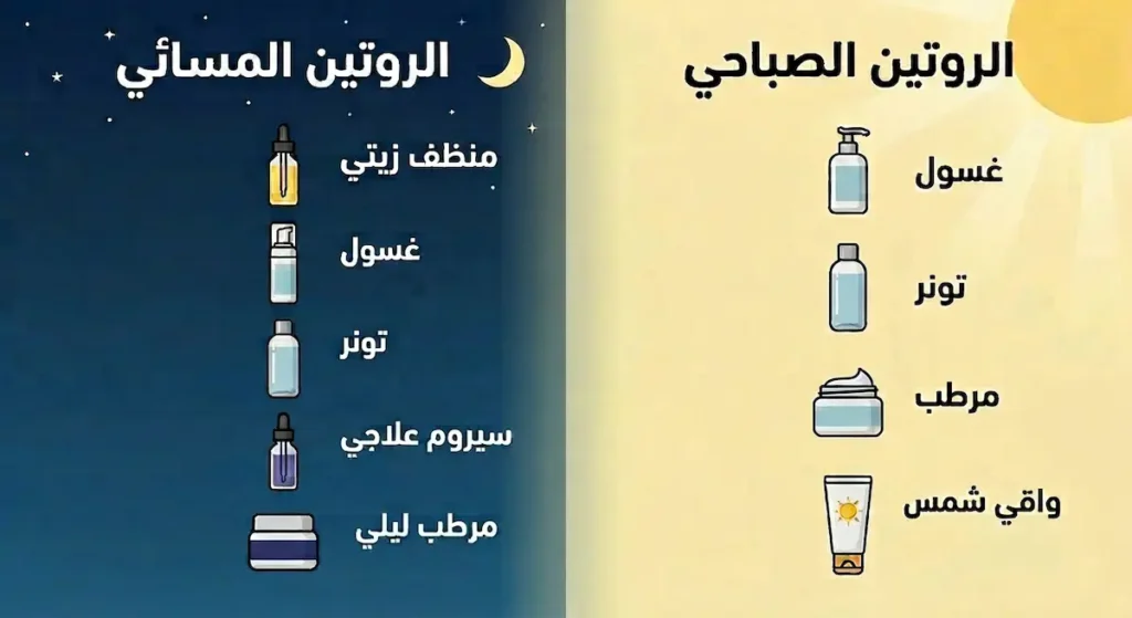  جدول مقارنة بصري يوضح خطوات الروتين الصباحي والمسائي للعناية بالبشرة الدهنية