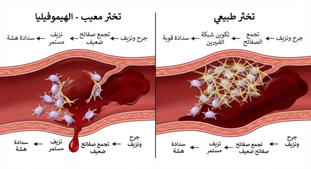 مقارنة توضيحية بين تخثر الدم الطبيعي مع تكوّن خثرة كاملة والتخثر المعيب في الهيموفيليا مع سدادة هشة