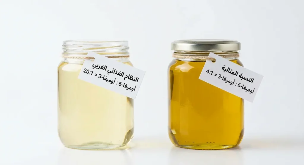 صورة مقارنة بين نسبة أوميغا-6 إلى أوميغا-3 المثالية والنسبة المختلة في النظام الغذائي الغربي