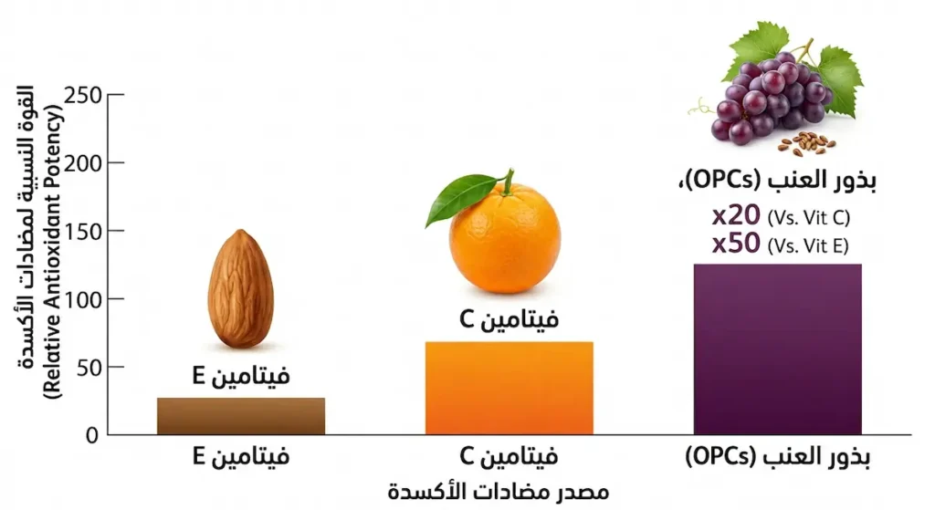 رسم بياني يقارن قوة مضادات الأكسدة في بذور العنب مع فيتامين C وفيتامين E