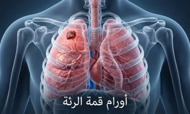 صورة تشريحية توضيحية لقمة الرئة تُظهر موقع ورم بانكوست مع عنوان المقال باللغة العربية