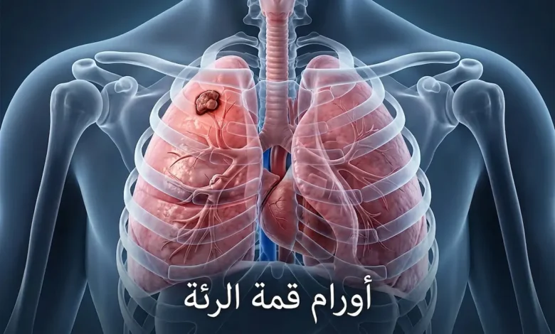 صورة تشريحية توضيحية لقمة الرئة تُظهر موقع ورم بانكوست مع عنوان المقال باللغة العربية