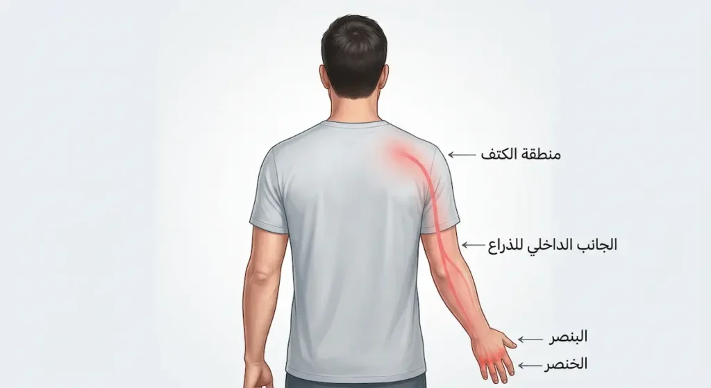 رسم توضيحي يُظهر مسار انتشار ألم ورم بانكوست من الكتف إلى الذراع والأصابع الرابع والخامس