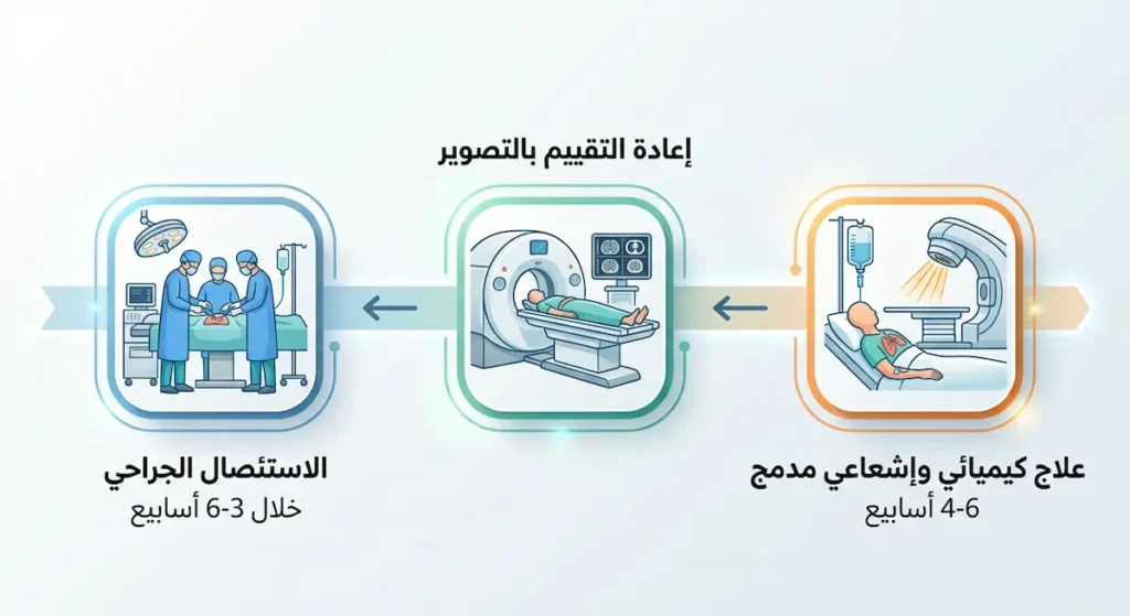 مخطط يوضح مراحل العلاج المدمج لورم بانكوست من الكيمياء والإشعاع إلى الجراحة
