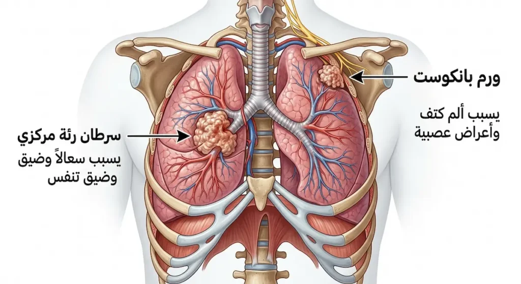 مقارنة تشريحية بين موقع سرطان الرئة المركزي وورم بانكوست في قمة الرئة