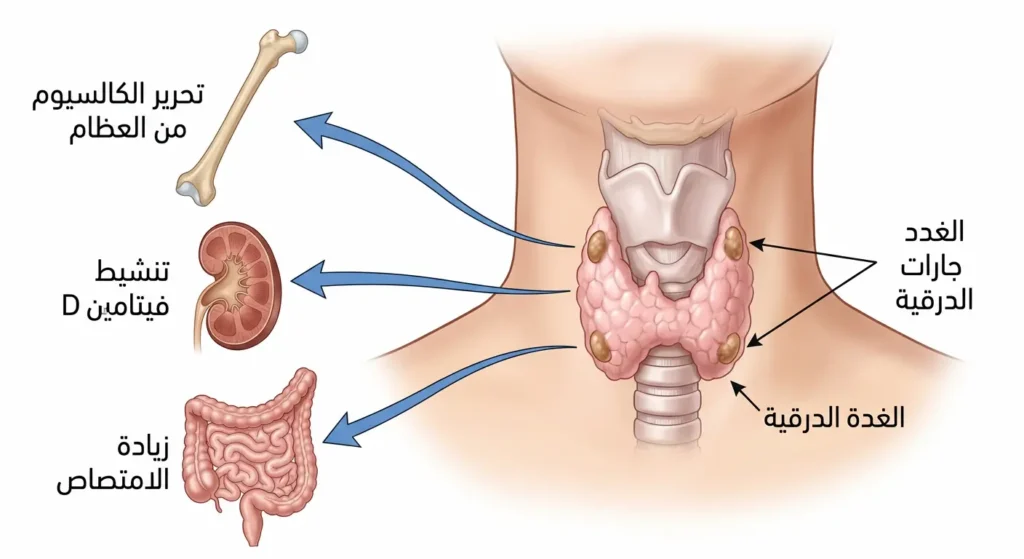 رسم توضيحي يُظهر الغدد جارات الدرقية خلف الغدة الدرقية وتأثيرها على العظام والكلى والأمعاء لتنظيم الكالسيوم