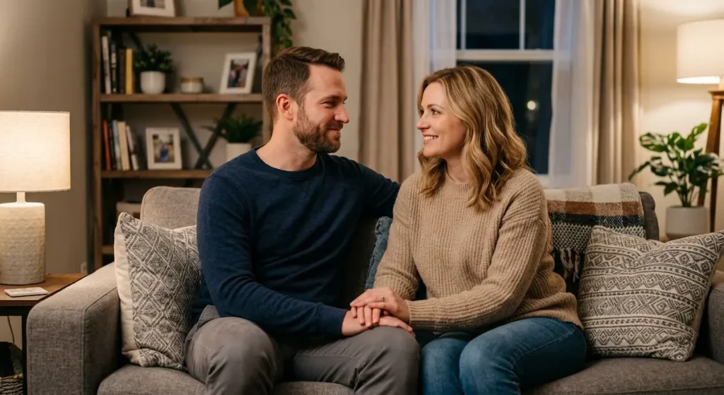 زوجان يجلسان معاً على أريكة والزوجة تمسك بيد زوجها بحنان ودعم