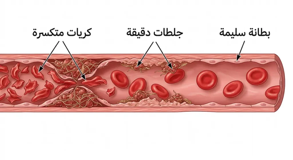  رسم توضيحي يُظهر آلية تكسر كريات الدم الحمراء داخل الأوعية الدموية الكلوية المتضررة في متلازمة انحلال الدم اليوريمية