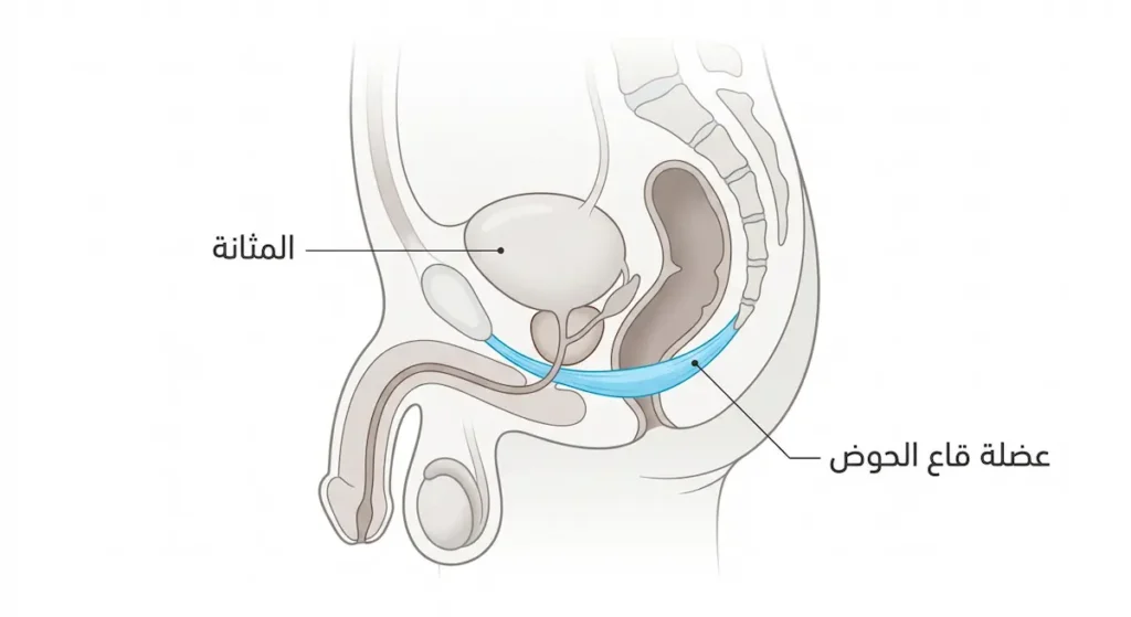  رسم تشريحي تعليمي يوضح موقع عضلة قاع الحوض عند الرجل
