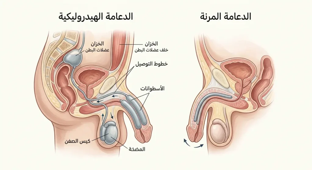 رسم توضيحي يقارن بين الدعامة المرنة والدعامة الهيدروليكية القابلة للنفخ