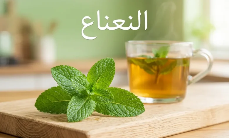 أوراق نعناع فلفلي طازجة خضراء مع قطرات ندى وكوب شاي نعناع في الخلفية مع كلمة النعناع بالعربية