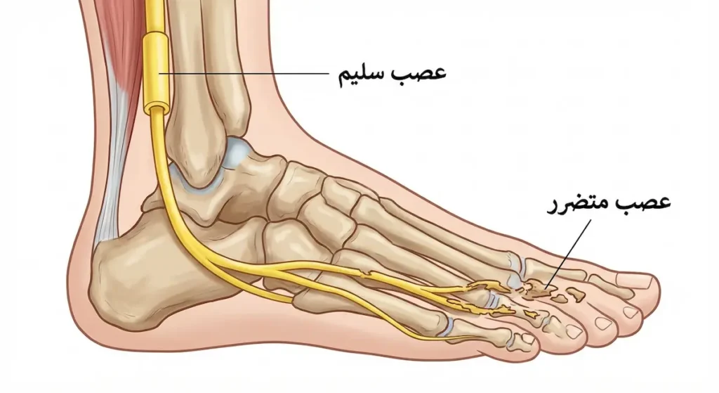 : رسم تشريحي توضيحي يقارن بين العصب السليم والعصب المتضرر في قدم مريض سكري مع اعتلال الأعصاب المحيطية