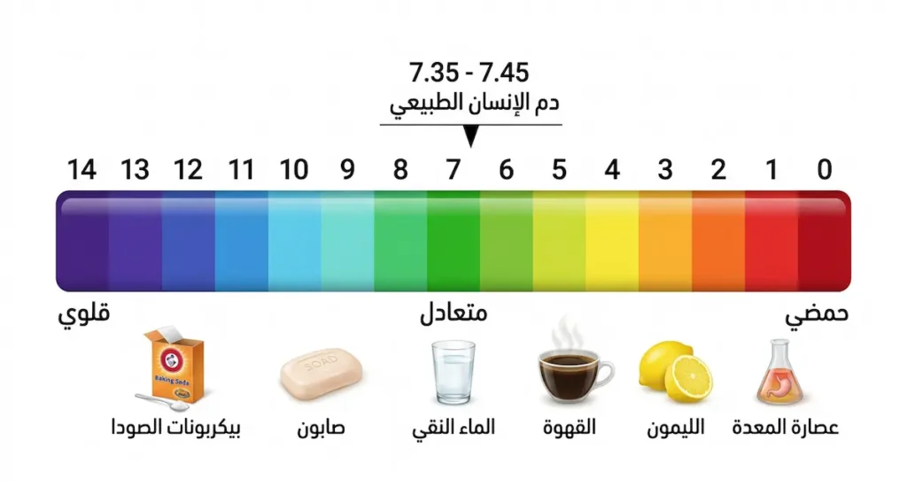 مقياس الأس الهيدروجيني pH يمتد من 0 إلى 14 موضحاً المناطق الحمضية والمتعادلة والقلوية مع أمثلة