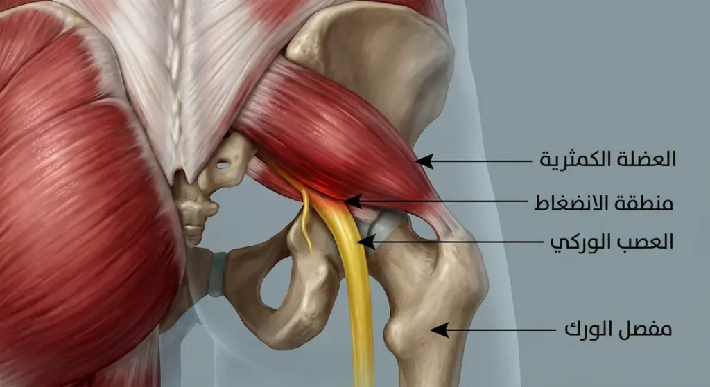 رسم تشريحي يُظهر العضلة الكمثرية في منطقة الأرداف والعصب الوركي يمر تحتها مع توضيح منطقة الانضغاط