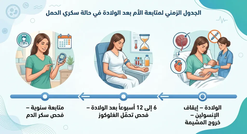 مخطط زمني يوضّح مراحل متابعة سكري الحمل بعد الولادة من إيقاف الإنسولين إلى فحص ما بعد الولادة والمتابعة السنوية