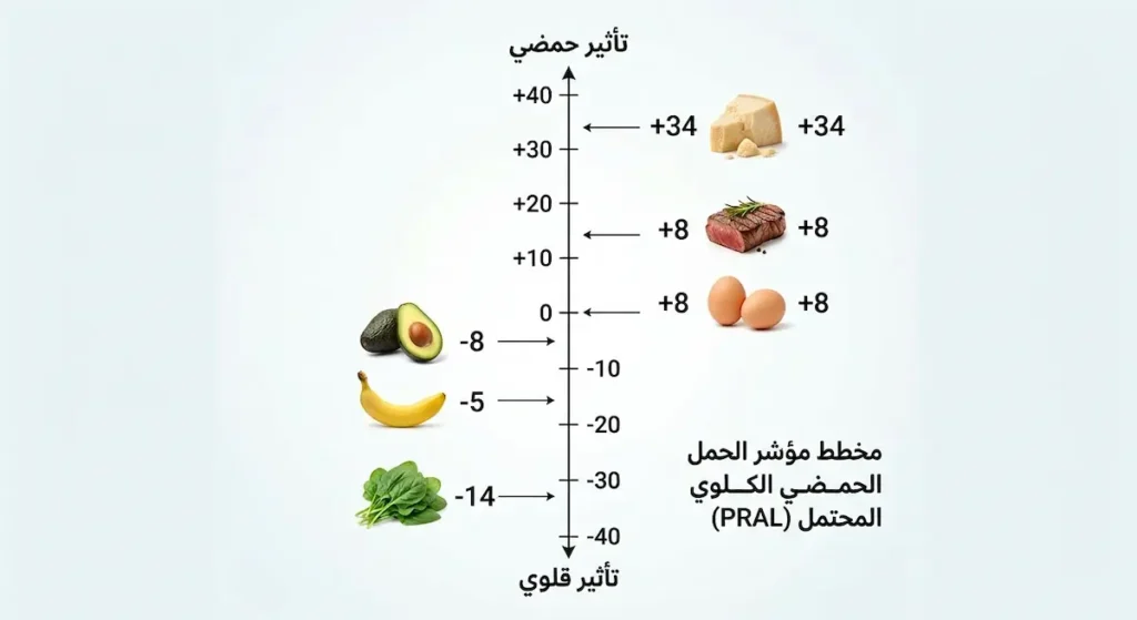  مخطط مؤشر PRAL يُظهر الأطعمة ذات التأثير الحمضي بقيم موجبة والأطعمة ذات التأثير القلوي بقيم سالبة