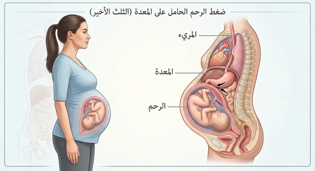 رسم تشريحي يوضح ضغط الرحم الحامل على المعدة ورفعها للأعلى مما يزيد خطر الارتجاع