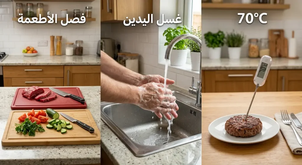 صورة توضيحية لإرشادات الوقاية من التسمم الغذائي تشمل طهي اللحوم جيداً وغسل اليدين وفصل الأطعمة