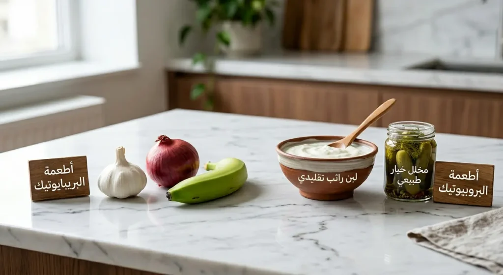  صورة توضيحية تعرض أطعمة البروبيوتيك كاللبن الرائب وأطعمة البريبايوتيك كالثوم والبصل