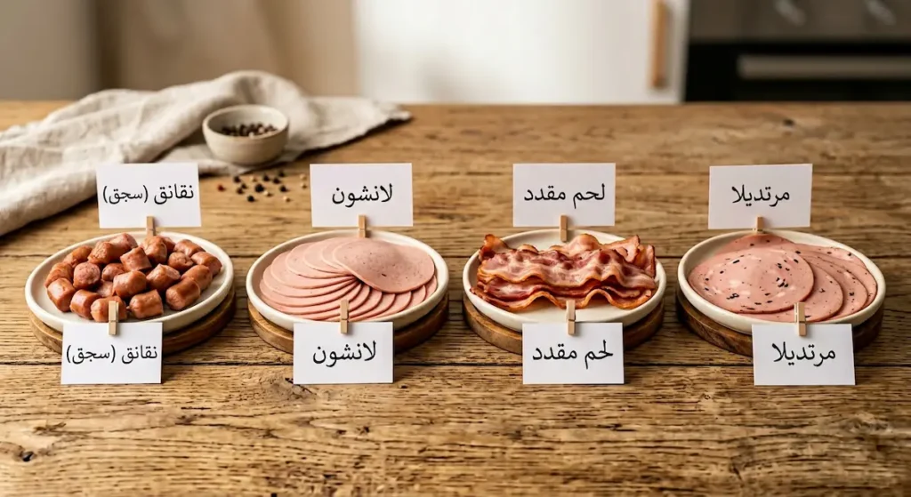 أنواع اللحوم المصنعة المختلفة معروضة على طاولة خشبية تشمل المرتديلا والنقانق واللحم المقدد واللانشون