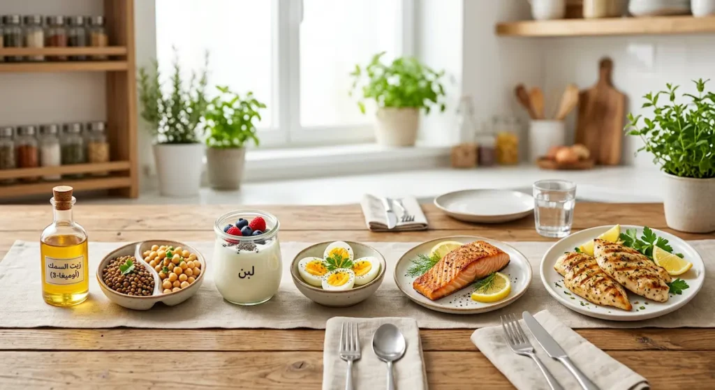 مصادر بروتين متنوعة تشمل الدجاج والسمك والبيض واللبن والبقوليات وزيت السمك لمحاربة هزال السرطان