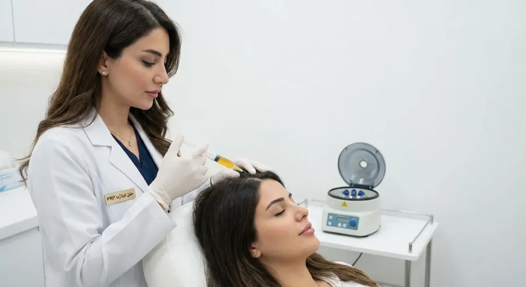 طبيبة تُجري حقن البلازما الغنية بالصفائح الدموية في فروة رأس مريضة لعلاج تساقط الشعر
