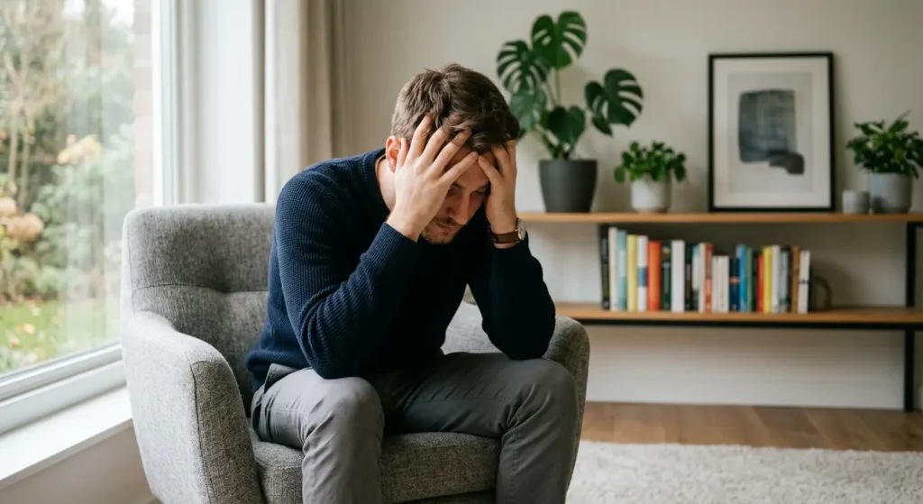 شاب يجلس على كرسي ويضع رأسه بين يديه في حالة توتر وقلق