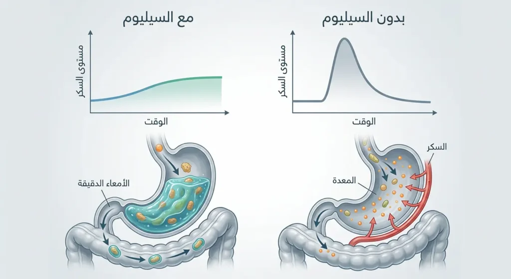 رسم بياني يقارن بين ارتفاع السكر الحاد بدون السيليوم والارتفاع التدريجي المعتدل مع استخدام السيليوم