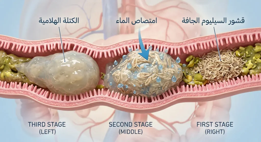 رسم توضيحي يوضح آلية عمل ألياف السيليوم داخل الأمعاء من امتصاص الماء إلى تكوين الكتلة الهلامية