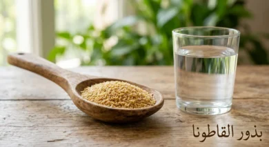 ملعقة خشبية تحتوي على قشور بذور القاطونا الذهبية بجانب كوب ماء زجاجي على سطح خشبي مع كلمة بذور القاطونا