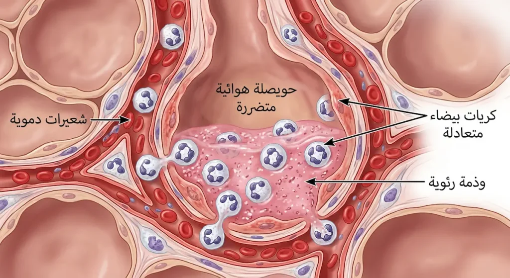 رسم مجهري يوضح الاستجابة الالتهابية في الحويصلات الهوائية مع تسلل كريات الدم البيضاء وتكون الوذمة الرئوية