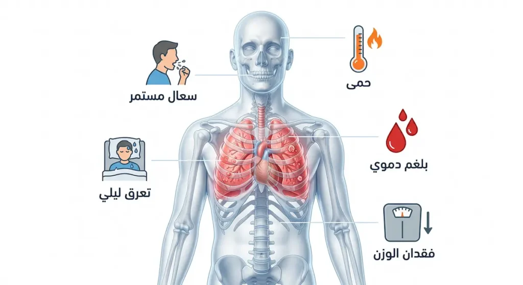  رسم توضيحي يُظهر الأعراض الرئيسية لمرض السل الرئوي تشمل السعال المستمر والبلغم الدموي والحمى والتعرق الليلي وفقدان الوزن
