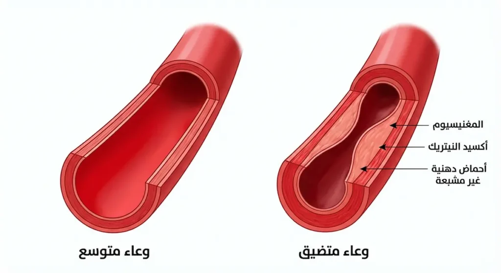 مقطع تشريحي يقارن بين وعاء دموي متضيق ووعاء متوسع مع توضيح دور المغنيسيوم وأكسيد النيتريك والأحماض الدهنية غير المشبعة في توسيع الأوعية
