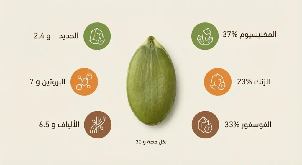 رسم توضيحي يُظهر بذرة يقطين في المركز محاطة بأيقونات تمثل المغنيسيوم والزنك والفوسفور والحديد والبروتين والألياف مع نسب الاحتياج اليومي لكل حصة 30 غراماً