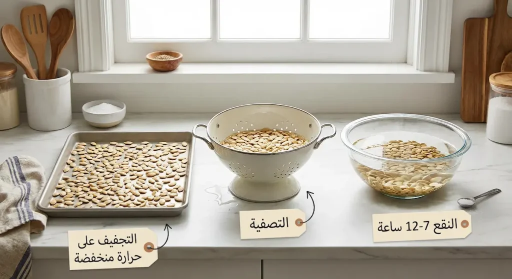 ثلاث مراحل عملية لنقع بذور اليقطين تبدأ بنقعها في ماء مملح ثم تصفيتها ثم تجفيفها على حرارة منخفضة في الفرن