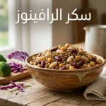 طبق خزفي يحتوي على بقوليات متنوعة مثل الفاصوليا والعدس والحمص بجانب البروكلي والملفوف مع عنوان سكر الرافينوز
