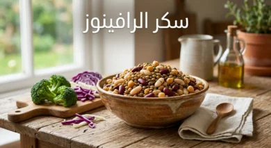 طبق خزفي يحتوي على بقوليات متنوعة مثل الفاصوليا والعدس والحمص بجانب البروكلي والملفوف مع عنوان سكر الرافينوز