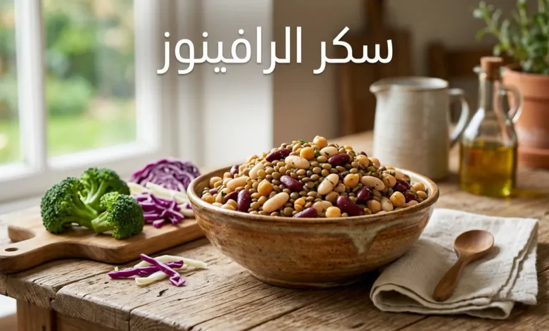 طبق خزفي يحتوي على بقوليات متنوعة مثل الفاصوليا والعدس والحمص بجانب البروكلي والملفوف مع عنوان سكر الرافينوز