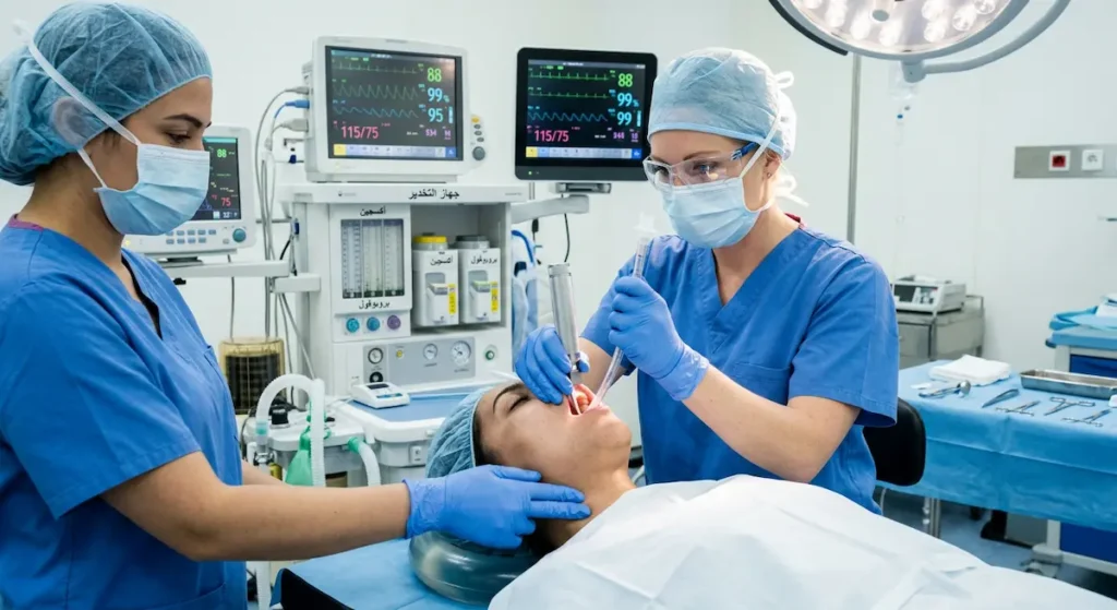  طبيبة تخدير تُجري التنبيب الرغامي السريع مع تطبيق مناورة سيليك للوقاية من الشفط الرئوي